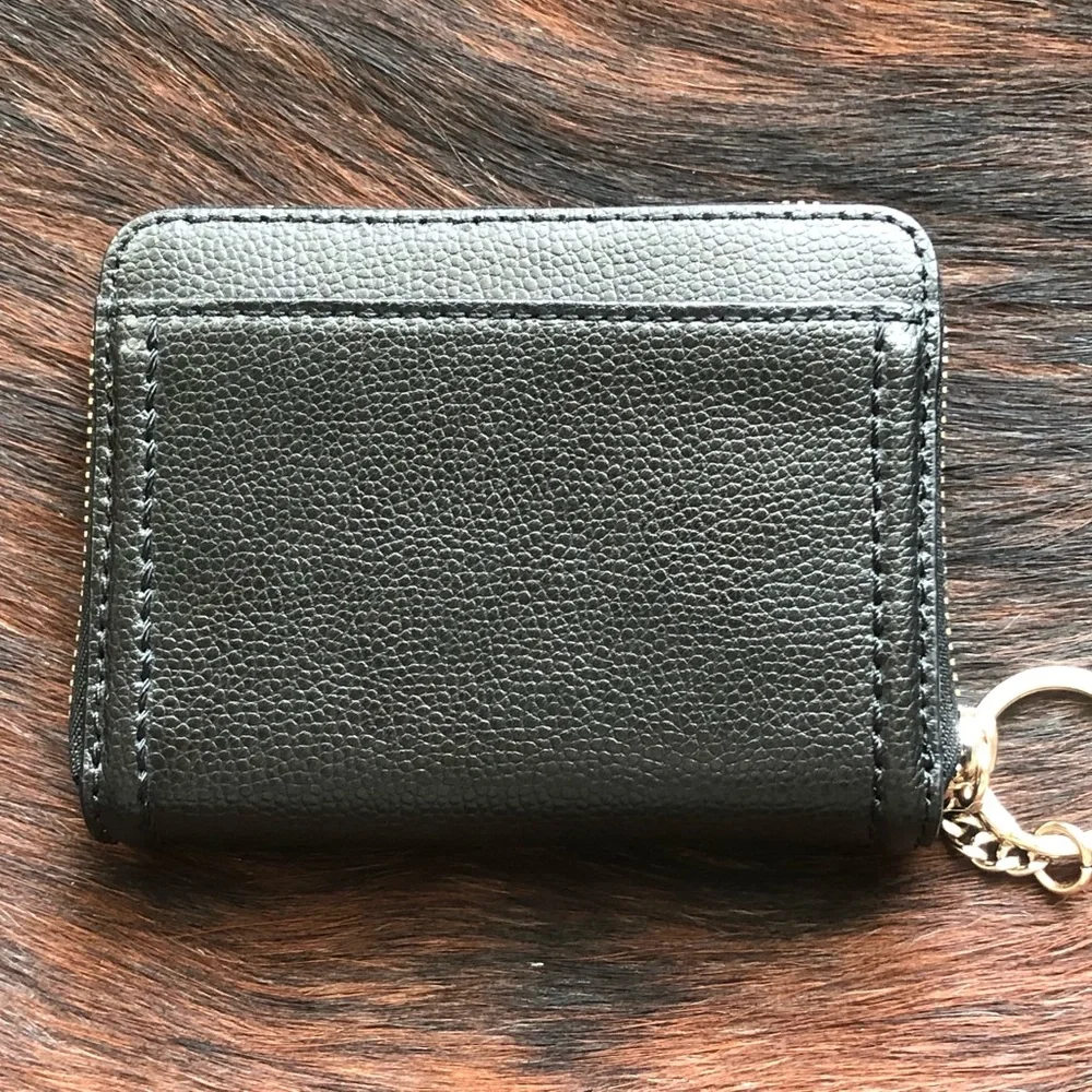 kate spade Black Pebble Leather Zip Card Wallet with Key Ring and Gold Logo